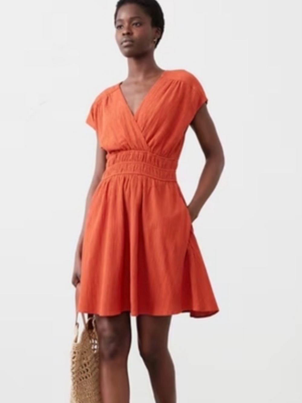 Banana Republic - Textured, Shirred, Mini Dress in Burnt Orange - XXL.